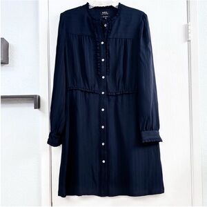 A.P.C. Hoshi Navy Button-Front Long Sleeve Mini Dress Size 42